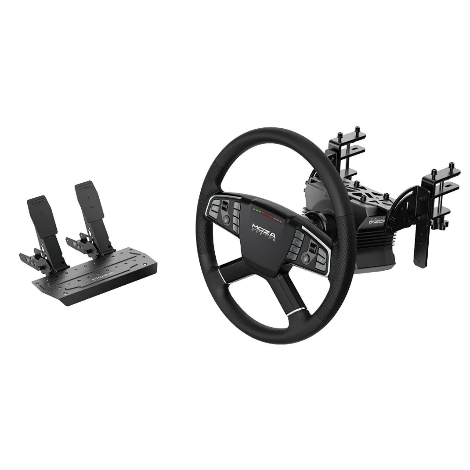 Conjunto de pacote de caminhão MOZA inclui base MOZA R5, roda TSW e pedais duplos SR-P Lite, braçadeira de mesa