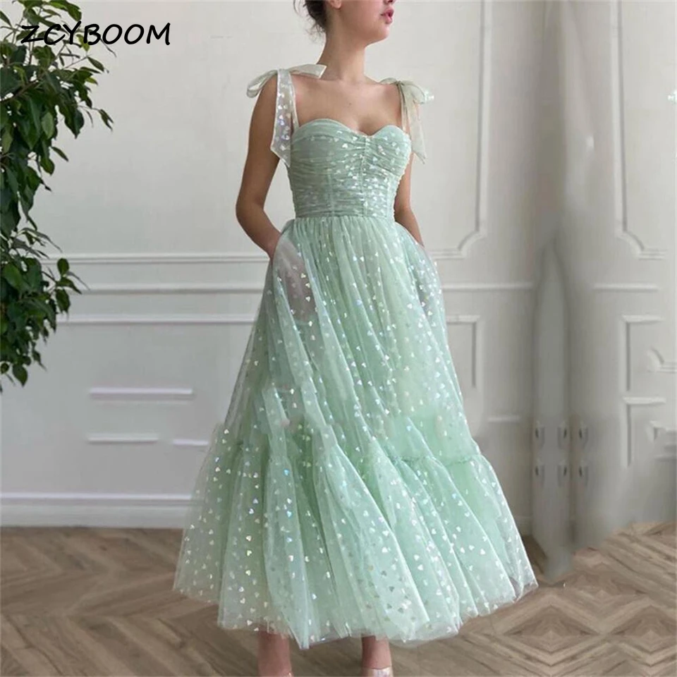 Charming Sweetheart Sequin Spaghetti Strap Prom Dresses 2023 A-Line Sleeveless Ankle-lengh Bow Zipper Custom Made Formal Gown