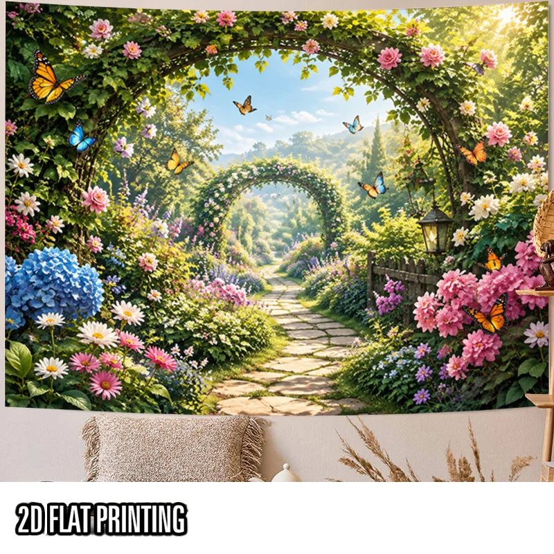 Secret Garden Arch Tapestry Wall Hanging, Vine Flower Tunnel Butterfly Nature Print for Party Living Room Wall Hanging Decor
