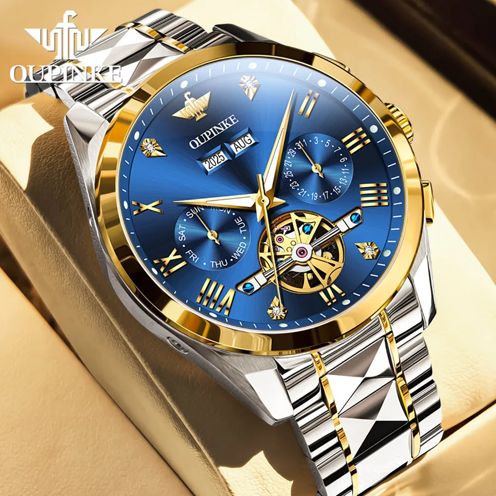 OUPINKE 3240 Skeleton Herrenuhren 50 m wasserdicht automatische mechanische Uhr Saphir leuchtendes Datum Wolframstahl Markenuhr 8