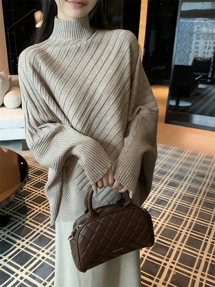 

Autumn Winter Mock High Neck Irregular Knitted Sweater for Women New Fashionable Loose Striped Pullover Sweater Top S270