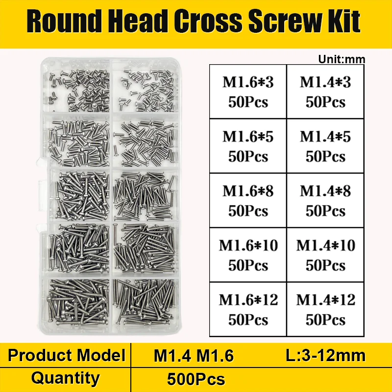 M1 M1.2 M1.4 M1.6 M2.5 M3 A2 304 Edelstahl Kreuzschlitz-Flachkopfschrauben Bolzen Muttern Kleine Maschinenschrauben Sortiment-Set – Detail 9