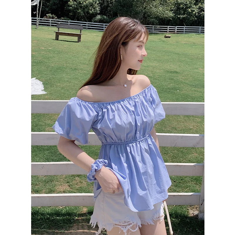 Blouse Women 2023 Summer New French Word Collar Bubble Sleeve Solid Color Waist Slim Top Loose Pullover Blouse Top Female