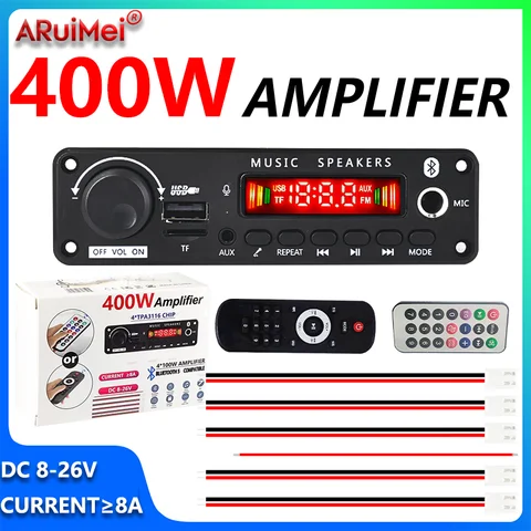 400W Amplifier Bluetooth 5.1 MP3 Decoder Board 4*100W Audio Player 26V DIY MP3 Player Car FM Radio Module TF USB Mic Record Call