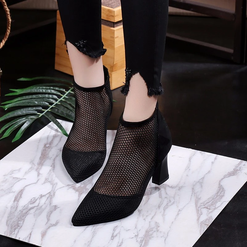 2022 Summer New Sexy Pointed Toe Thick Heels High Heels Women Baotou Hollow Breathable Mid-top Rear Zipper Women's Sandals