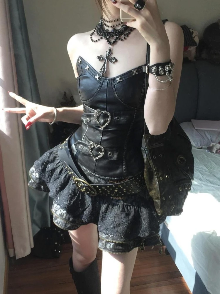 Ensemble 2 pièces Punk gothique Vintage pour femmes, Y2k, Slim, poussin chaud, hauts + jupe courte, esthétique, doux, tendance, Streetwear, nouveaux tenues