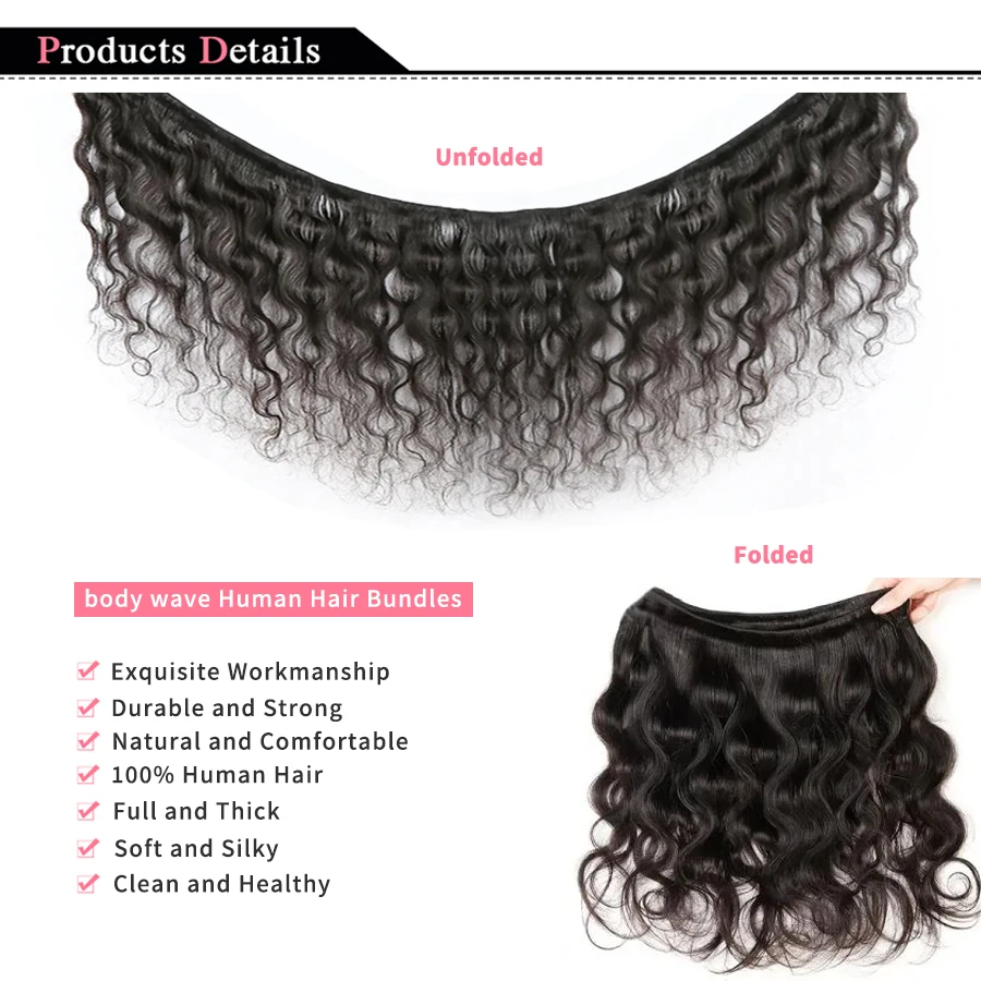 Tissage en Lot Brésilien Naturel Noir Body Wave, Extensions de Cheveux Humains, 100% Naturel, 3 Pièces