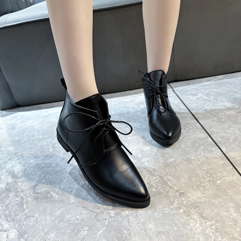 New Women's Ankle Boots Lace Up Leather Shoes Pointed Toe Flats Soft Sneakers for Female Motorcyle Boots Black Booties