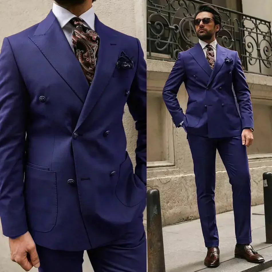 Formal Men Suits Double Breasted Brown Peaked Lapel Hombres Slim Fit Casual Jacket Pants Two Piece Luxury Wedding Suits