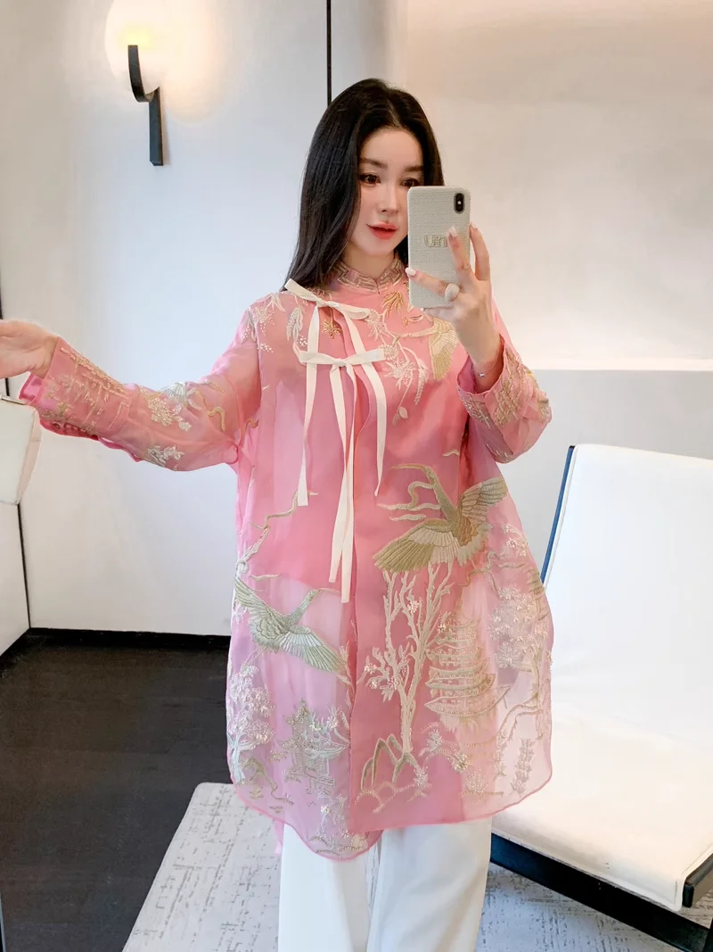 

2025 Spring Autumn Pink Dress Fashion Ladies Silk Loose Dress Elegant Women's Transparent Green Dress Embroidered
