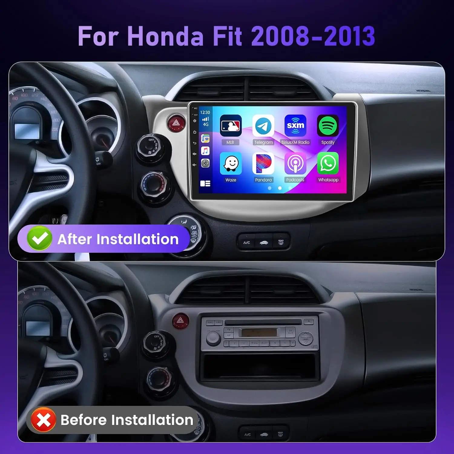 Автомобильный радиоприемник 5G WiFi 8Core 4G+64G для Honda Fit 2008-2013, 10-дюймовый сенсорный экран QLED с CarPlay, Android Auto, GPS, Bluetooth 5.1, Ba