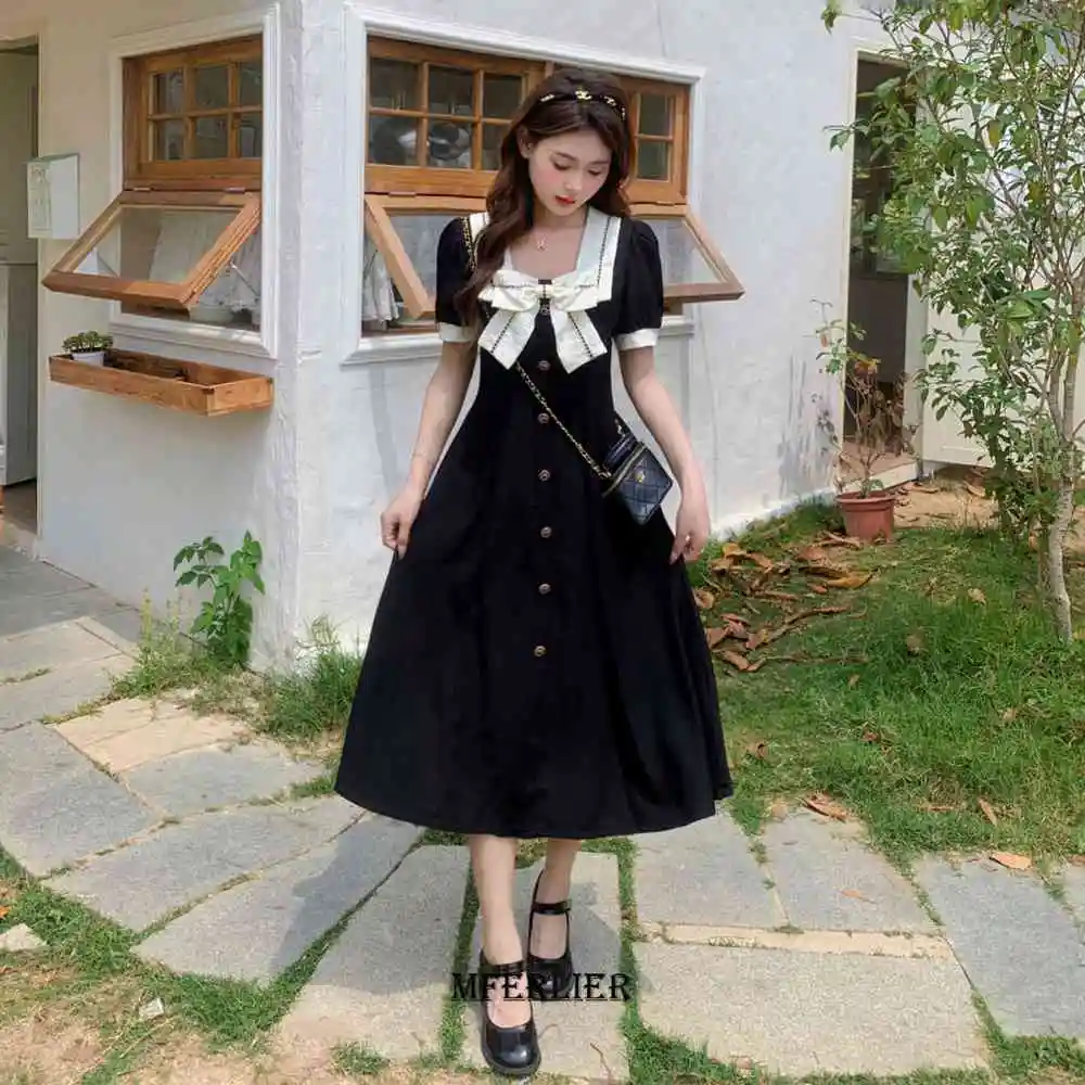 Plus Size 6XL 150KG Summer Dress For Women Short Sleeve Loose Vintage Dresses Ladies Casual Large Bow Neck Black Sweet Dress