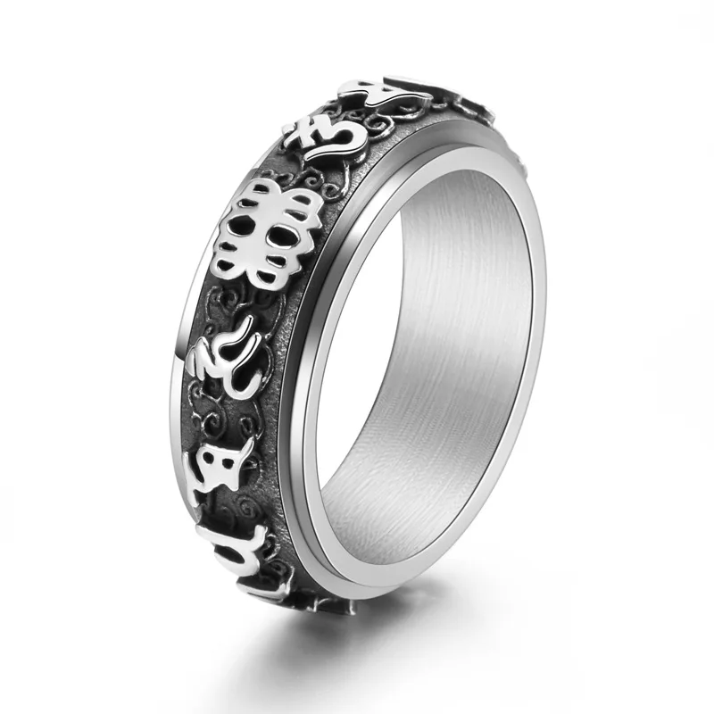 Men's Stainless Steel Six Word Mantra Rotatable Ring Vintage Jewelry