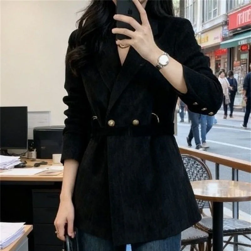 

Spring Autumn Lady Long Sleeves Blazer Jacket Korean Women High-end Patchwork Outwear Femme Fashion Solid Color Tie Up Suit Coat