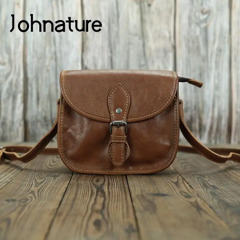 Johnature Vintage Natural Real Cow Leather Women Bag 2024 New Versatile Solid Color Soft Cowhide Small Square Shoulder Bags