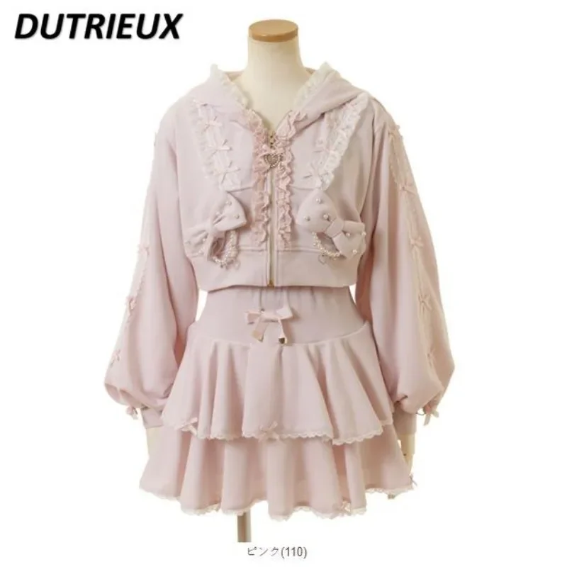 New Lolita Two piece Set Japanese Heavy Industry Exquisite Cute Long Sleeve Hooded Jacket High Waist Short Skirt Sweet Girl Suit