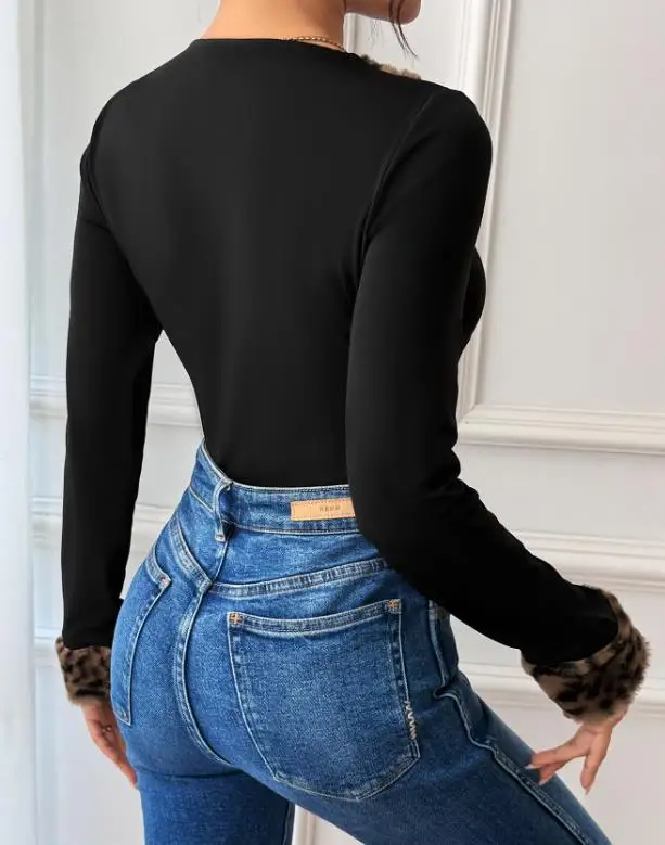 

Women's Jumpsuit 2025 Autumn and Winter New Retro Party Sexy Style V-Neck Leopard Print Patchwork Long Sleeved Jumpsuit