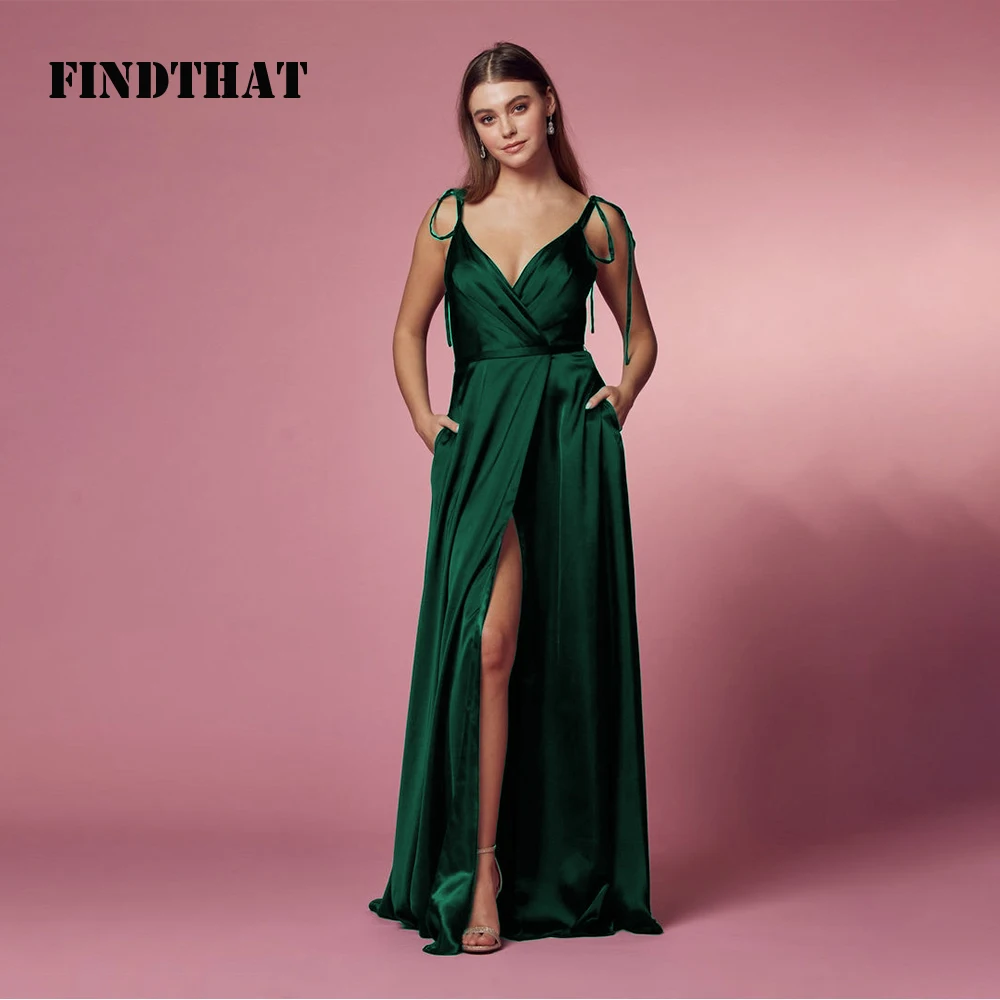 Findthat Elegant V-Neck Bridesmaid Dresses for Wedding 2024 Spaghetti-Straps Satin A-Line Side Slit Evening Gowns With Pockets