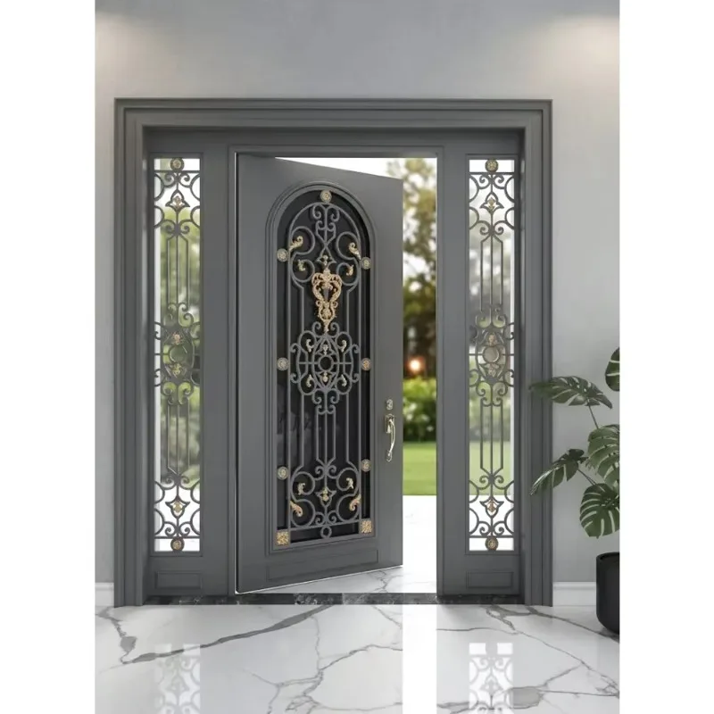 Georgia Wrought Iron Entrance Door Scroll Grille Glass With Sidelights & Arched Transom For Stone Villa Facade