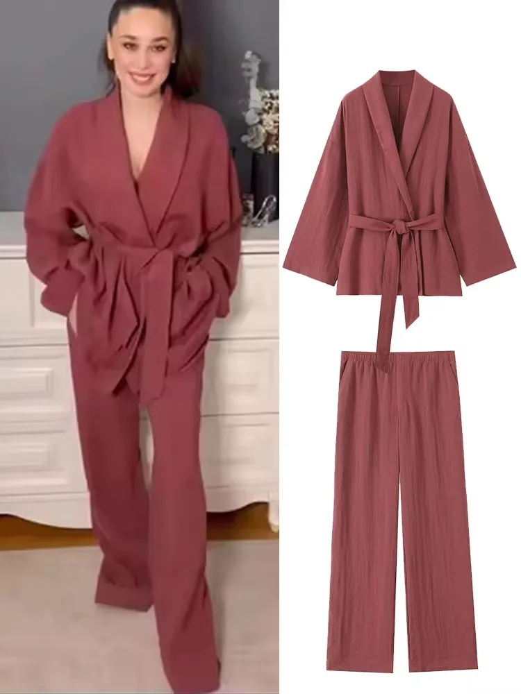 

Casual Chic Two Piece Set Women Outfits 2025 New Summer Fashion Loose V-neck Lace Up Shirt Top+Elastic Waist Straight Pants Suit