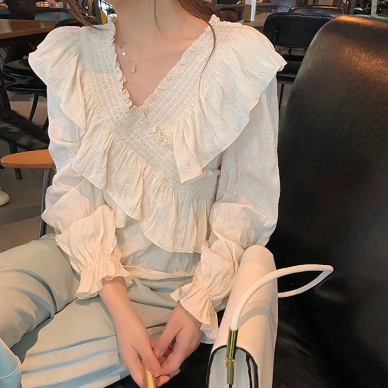 

Summer V-neck Chiffon Pleated Short Korean Blouse Long Sleeve Solid Color Fashion All-match Tops Sweet Elegant Women Clothing