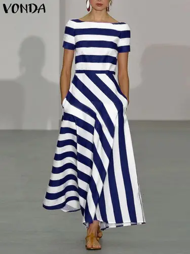 Imagen 2 del producto VONDA-Vestido largo a rayas para mujer, con hombros descubiertos traje Sexy, estampado, elegante, informal, holgado, de manga corta, bohemio, 2024