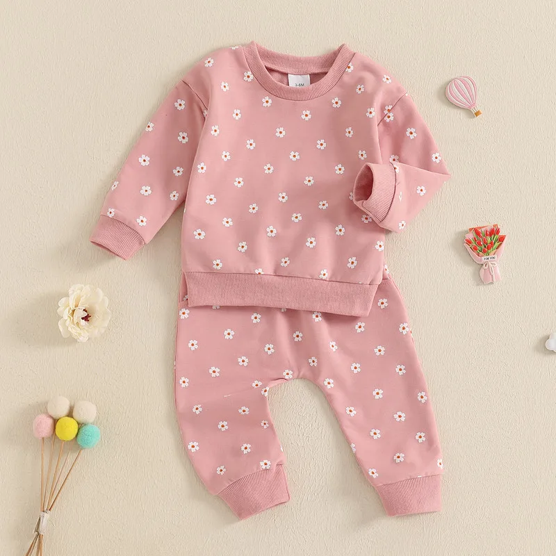 0 to 24 Months Baby Girls Floral Pant Sets Spring Autumn Clothes Long Sleeve Sweatshirt with Elastic Waist Sweatpants