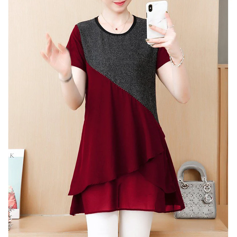 Elegant Asymmetrical Striped Patchwork Slim Tunic Top Female New Summer Fashion Round Neck Short Sleeve Shirts Blouses for Women