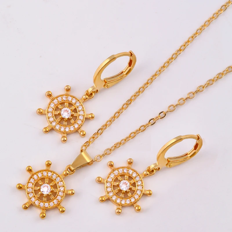 Gold Rudder Diamond-Encrusted Set, European and American Retro Nautical Style Necklace and Earrings Two-Piece Set, Unique and Elegant Party Jewelry