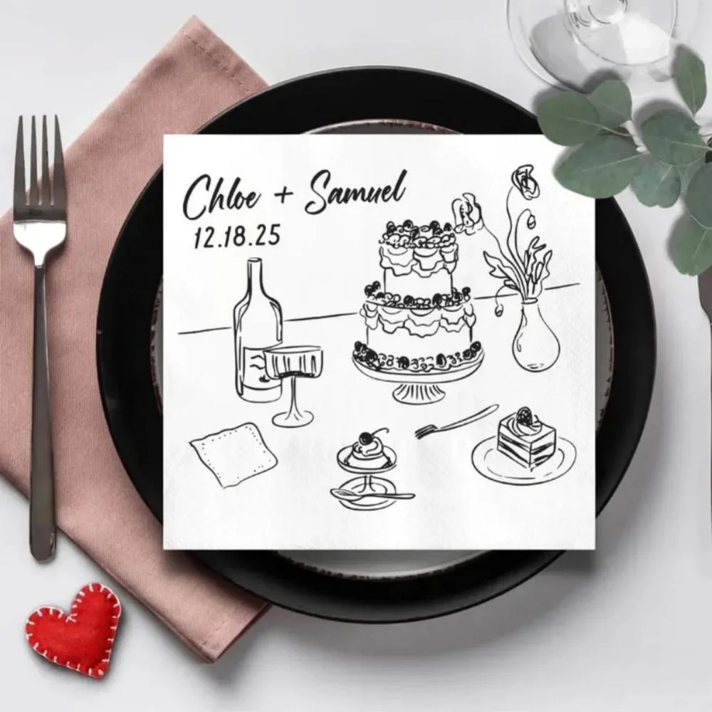 مناديل زفاف مخصصة، مناديل زفاف ذات اسم مخصص، مناديل كوكتيل أنيقة، ديكور طاولة الزفاف، مناديل استقبال الزفاف