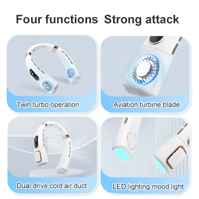 Ventilatore da collo sospeso Ricarica USB Raffreddamento in porcellana ghiacciata Ventilatore da collo sospeso Flusso d'aria a 360 gradi Illuminazione con display digitale intelligente