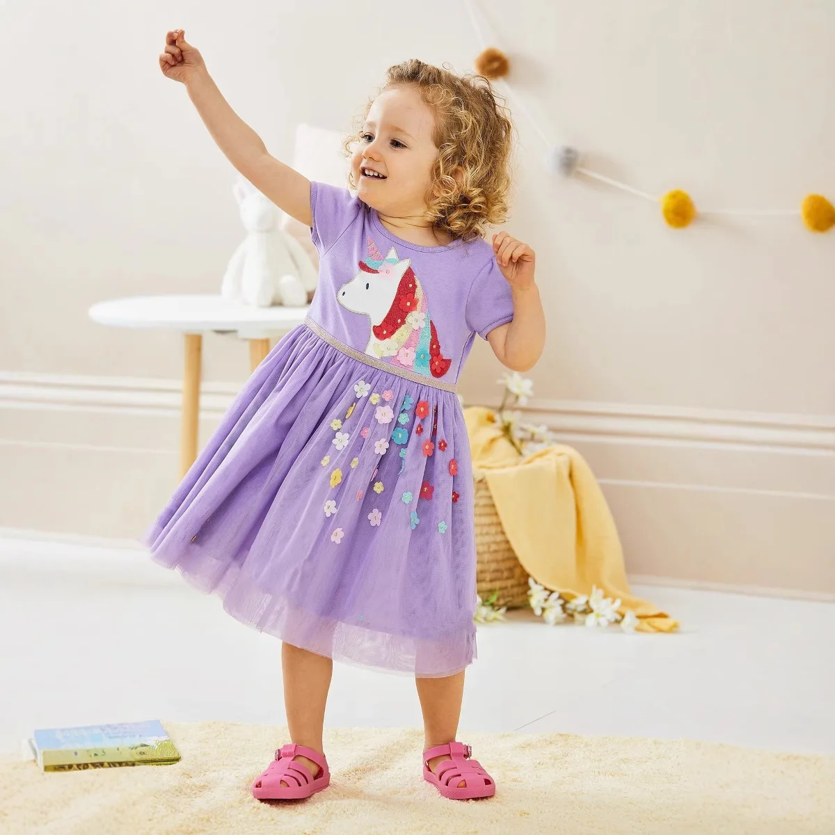 2-7Y Purple Baby Girls Dress Carton Unicorn Embroidered Princess Dresses Summer New Mesh Dress Kids Clothing