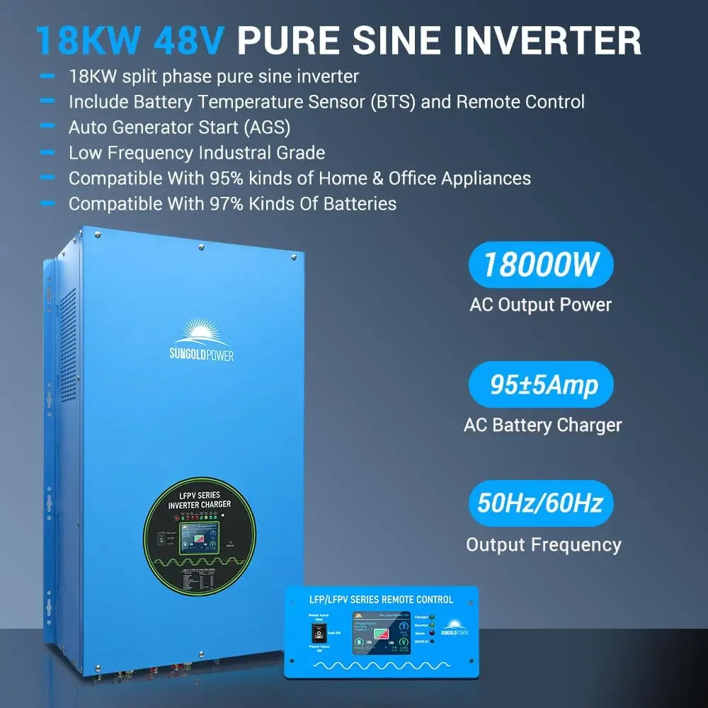 SUNGOLDPOWER 18000W Inverter Charger,Input 48Vdc 240Vac Inverter,Output Pure Sine Wave 120V/240Vac Split Phase for Off-Grid,AC Charger 100A,54000W Peak Power,Low Frequency (MPPT Excluded)