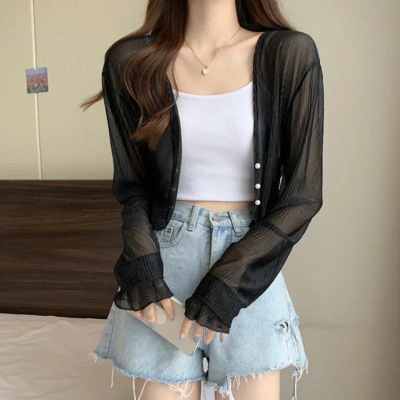 Sun-proof Shirts Women Sweet Vacation Thin Summer Crop Tops Loose Hot Sale Ins Pure Beach Style All-match Basic New Arrival Soft