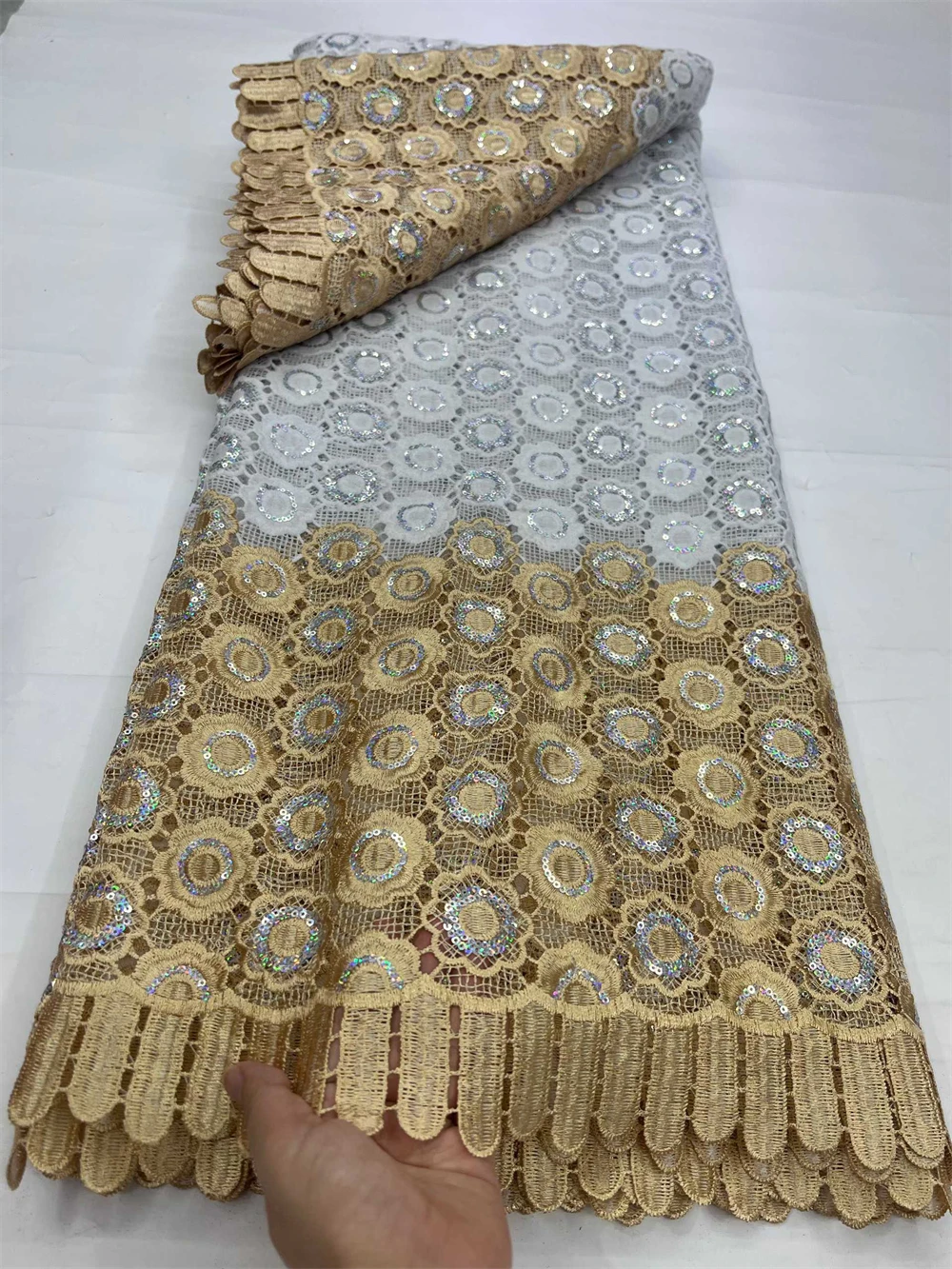 

White African Bicolor Lace Fabric 2025 High Quality 5Yards Guipure Cord Lace Fabric With Sequins For Women Elegant Wedding Dress