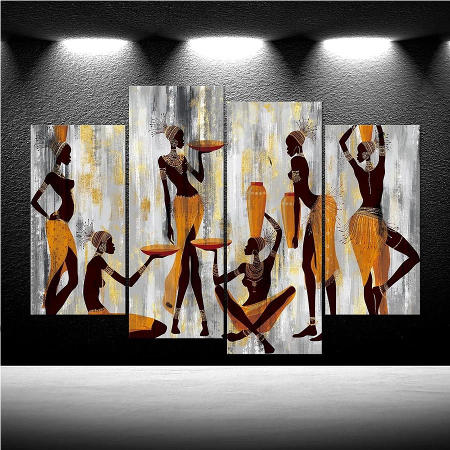 4 pcs Traditional African Women's Dresses diamond painting kit Wall Art African Tribe Dance Painting Abstract Yellow and Grey
