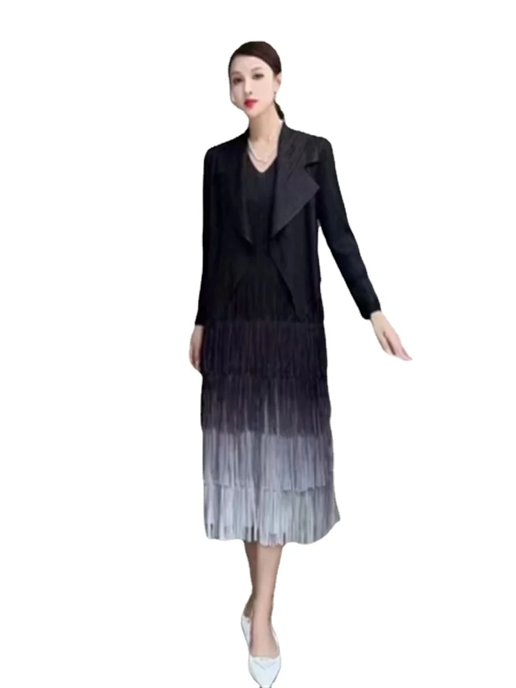 Miyake Heavy Industries Pleated Women Suit French High-end Gradient Tassel Dress Suit Collar Jacket Women 2023 Autumn Winter New