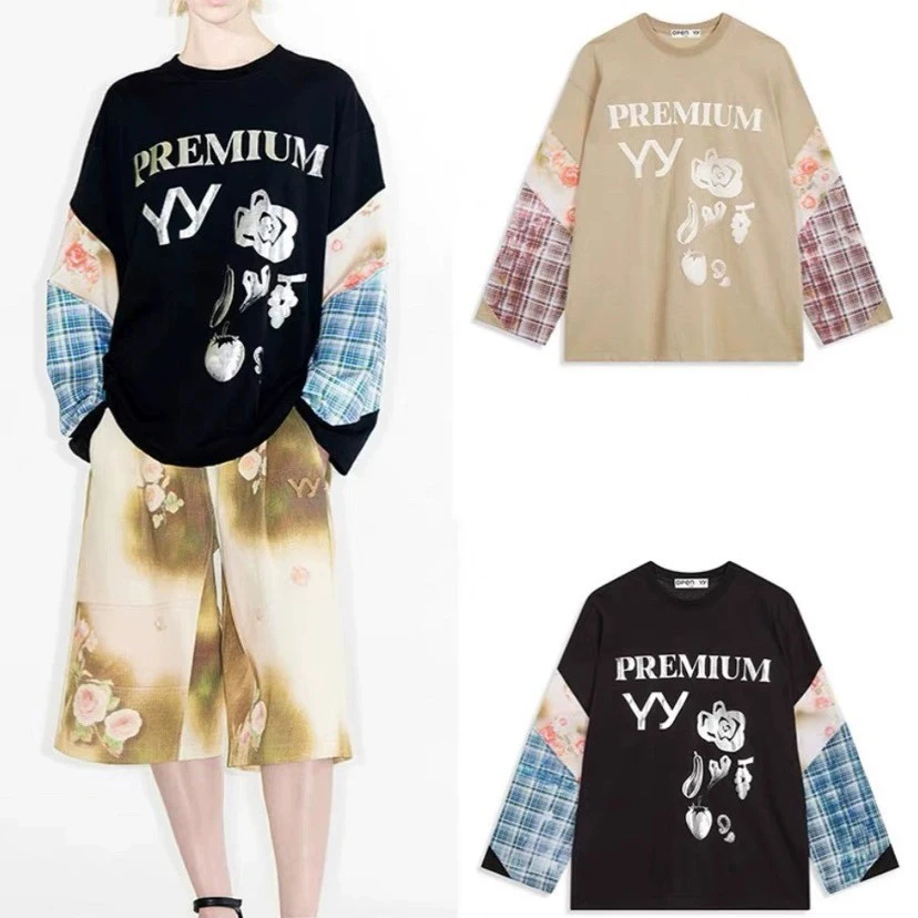 

Firmranch New Korean Summer Spring Long-sleeved T-shirts For Women Round Collar Foam YY Printed Splicing Design Loose Jersey