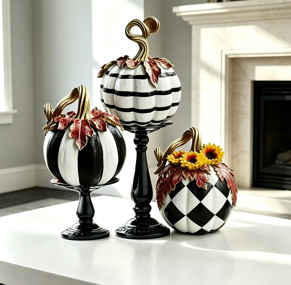 Black White Stripe Check Resin Pumpkin Figurine Set Fall Harvest Sunflower Maple Leaf Decor Halloween Tabletop Centerpiece Home
