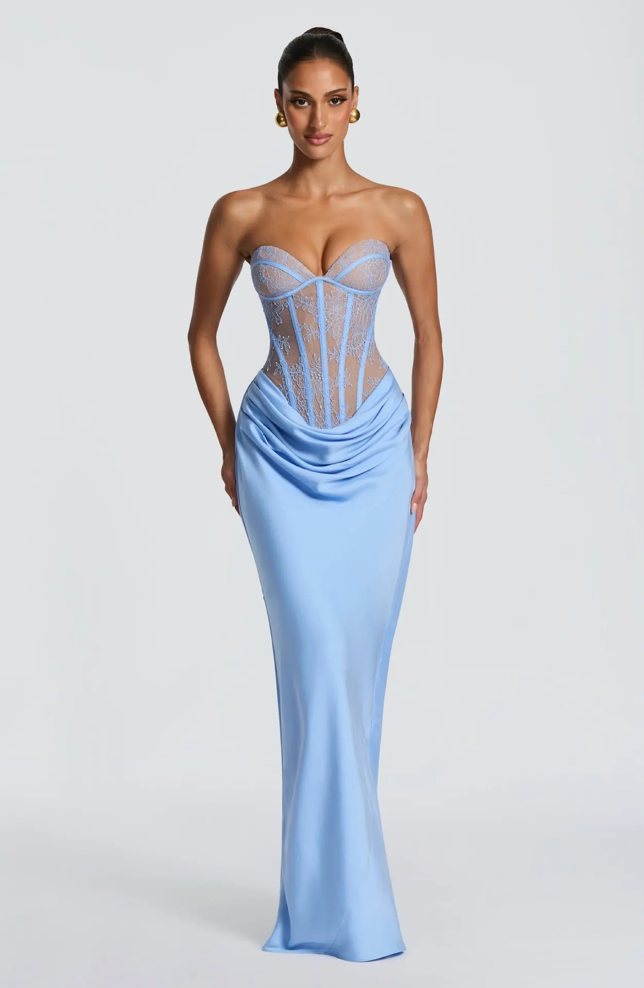 Trägerloses Spitzenkorsett-Maxikleid im Meerjungfrauenstil für Damen, drapiertes formelles Abendkleid für Partys – Detail 7