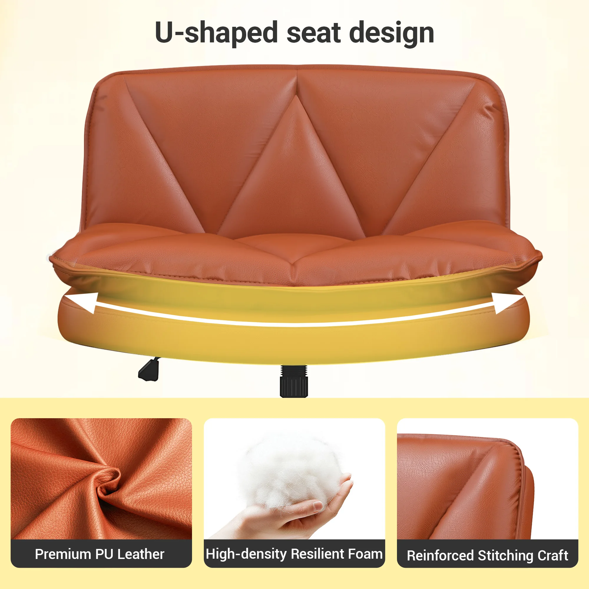 EnHomee Cross Leg Armless Office Chair with Casters, Double Layer Wide Cushion Chair, Adjustable Waterproof Faux Leather Bedroom & Office Leisure Chair