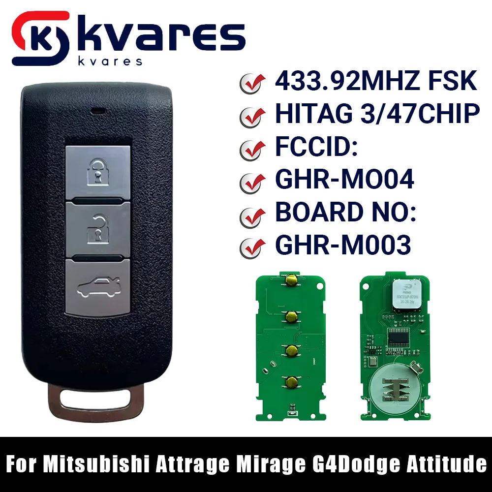 KVARES para Mitsubishi Dodge Attitude 2017 2018 2019 2020 llave inteligente de coche con llave de emergencia 433,92 MHz FSK 47 CHIP M004