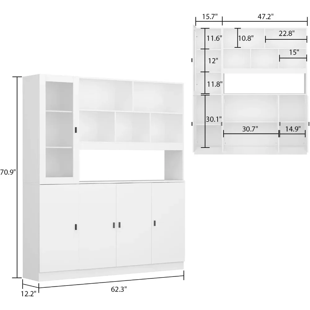 Large Kitchen Cabinet Set,Display Cabinet Buffet Cupboard Kitchen Hutch Storage Cabinet with Glass Doors & Shelves