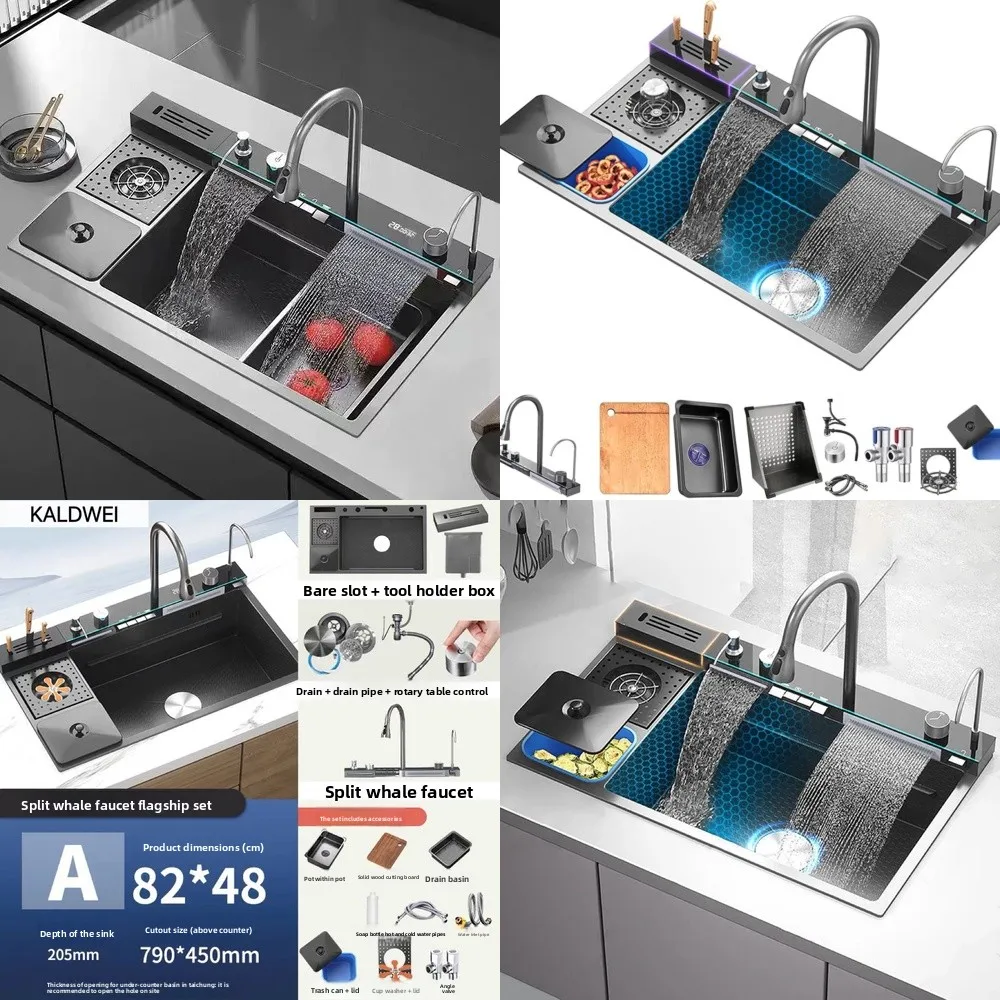 

New Whale Large Single Bowl 304 Stainless Steel Kitchen Digital Display Sink with Garbage Bin Vegetable Washing Basin Washing