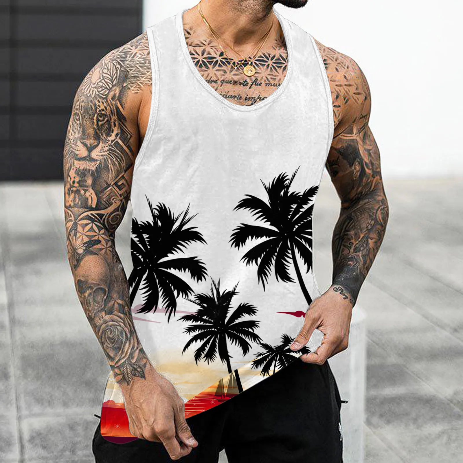New Coconut Tree Flower 3D Printed Hawaiian Beach Tank Tops Men\'s Fashion Vest Sleeveless Tank Top Bodybuilding Gym Man Clothing