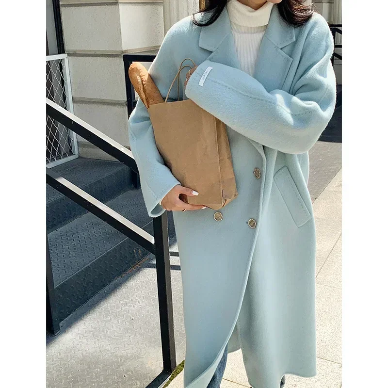 High-end camel wool double-sided hand-sewn coat for women, loose and thin quality woolen coat