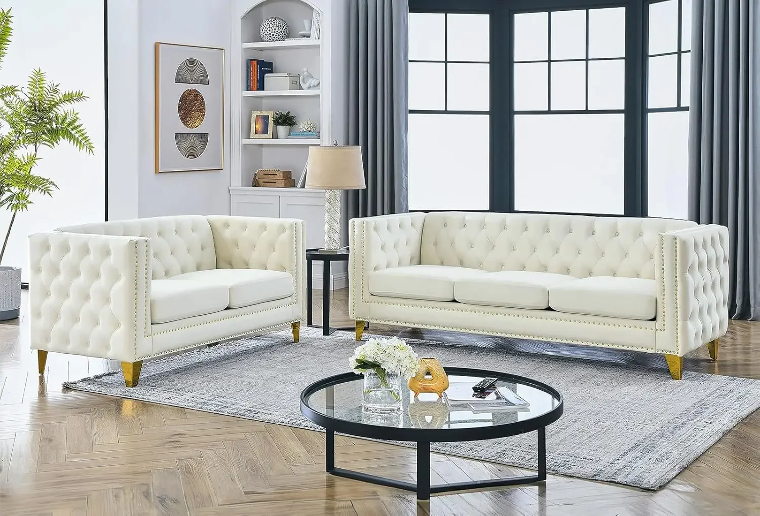 80-inch Couches + 58-inch Loveseat Sofa Set for Living Room, Modern Button Tufted Velvet Upholstered Sofa Couch