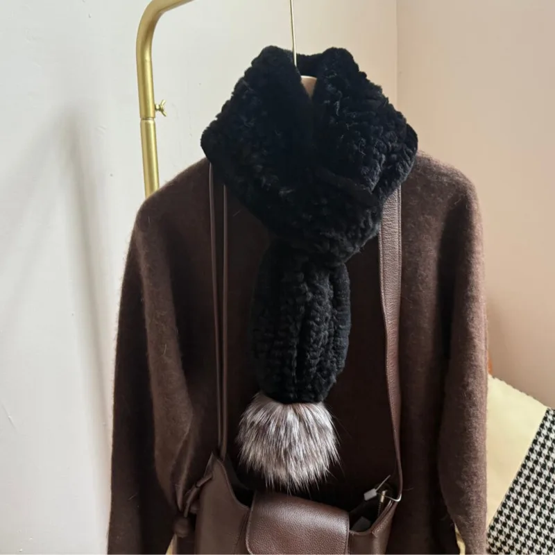 Long Fur Scarf Women's Rex Rabbit Fur Scarf With Silver Fox Fur Pom-pom Double-sided Fur Neck Warmer Russian  Warm Fur Scarf