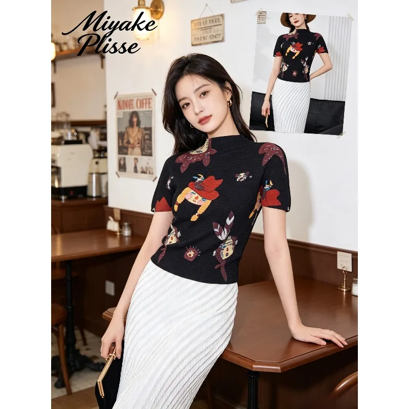 Miyake Pleated 2026 Summer New Original Fashion Little Witch Pleated Print Short Sleeve Top Slim Fit Versatile Commuter T-Shirt