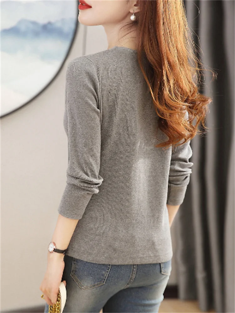 Fashion Ladies T-shirts V-neck Bottom Top Grey Blouse Zip Top Solid Color Woman Clothes Tshirts Slim Sleeping Knit Female Tees